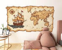 Load image into Gallery viewer, Pirate Map Wall Decal Vintage World Map Wall Sticker Ship Adventure Nursery Kids Room Removable Mural, 059gm