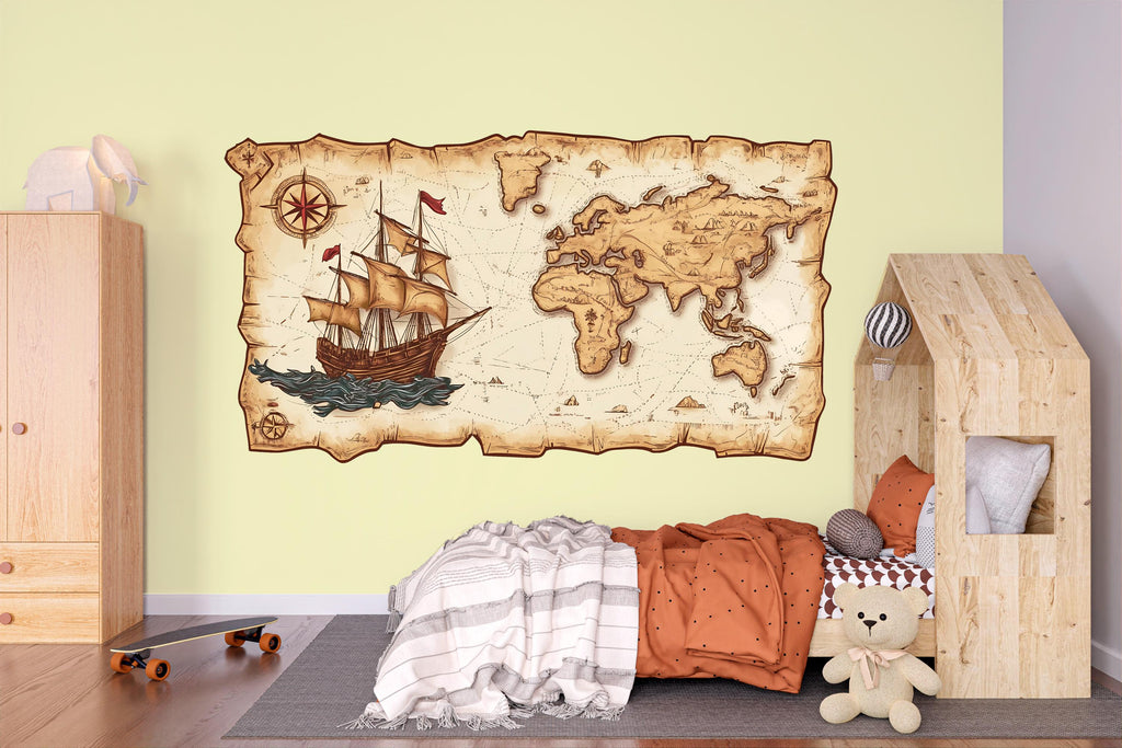Pirate Map Wall Decal Vintage World Map Wall Sticker Ship Adventure Nursery Kids Room Removable Mural, 059gm