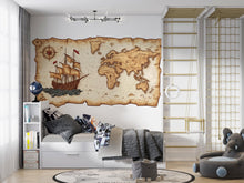 Load image into Gallery viewer, Pirate Map Wall Decal Vintage World Map Wall Sticker Ship Adventure Nursery Kids Room Removable Mural, 059gm