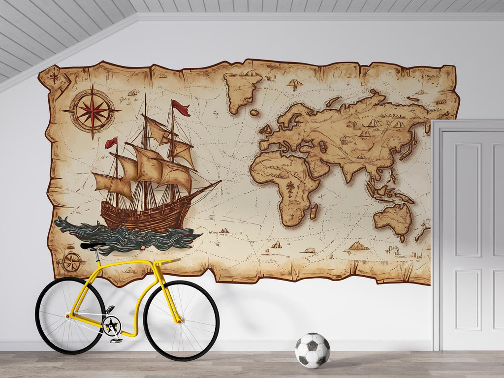 Pirate Map Wall Decal Vintage World Map Wall Sticker Ship Adventure Nursery Kids Room Removable Mural, 059gm