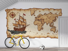 Load image into Gallery viewer, Pirate Map Wall Decal Vintage World Map Wall Sticker Ship Adventure Nursery Kids Room Removable Mural, 059gm