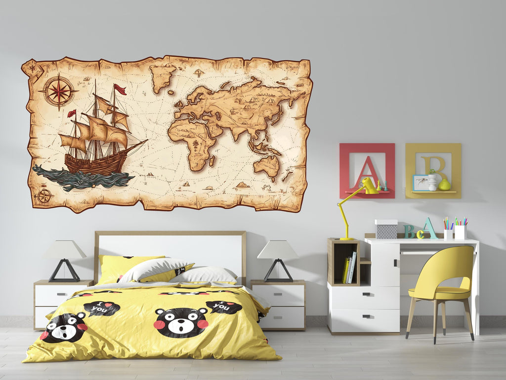Pirate Map Wall Decal Vintage World Map Wall Sticker Ship Adventure Nursery Kids Room Removable Mural, 059gm