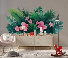 Load image into Gallery viewer, Tropical Wall Decal Pink Hibiscus Leaf Wall Sticker Large Jungle Floral Mural Removable Bedroom Decor, 060gm