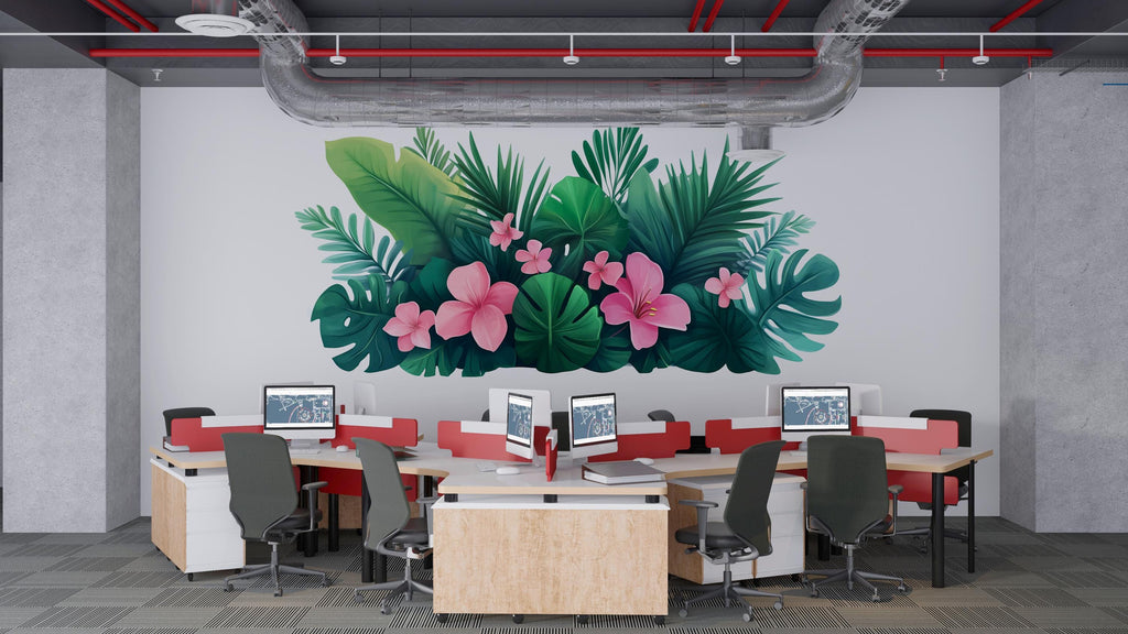 Tropical Wall Decal Pink Hibiscus Leaf Wall Sticker Large Jungle Floral Mural Removable Bedroom Decor, 060gm