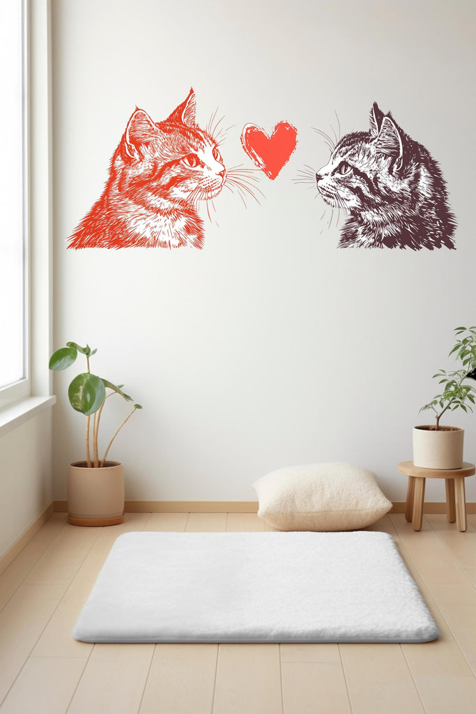 Cat Love Wall Decal Modern Cat Wall Sticker Romantic Bedroom Decor Removable Animal Art, 063gm