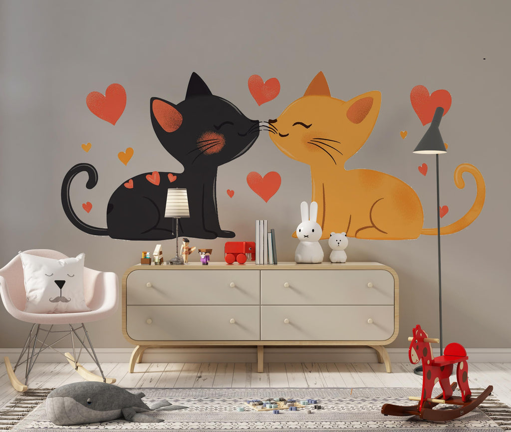 Cute Cat Love Wall Decal Kissing Cats Wall Sticker Nursery Kids Room Animal Removable Decor, 064gm