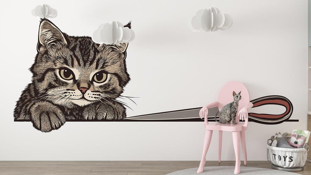Cute Cat Wall Decal Large Kitten Wall Sticker Pet Grooming Salon Kids Room Removable Animal Mural, 070gm