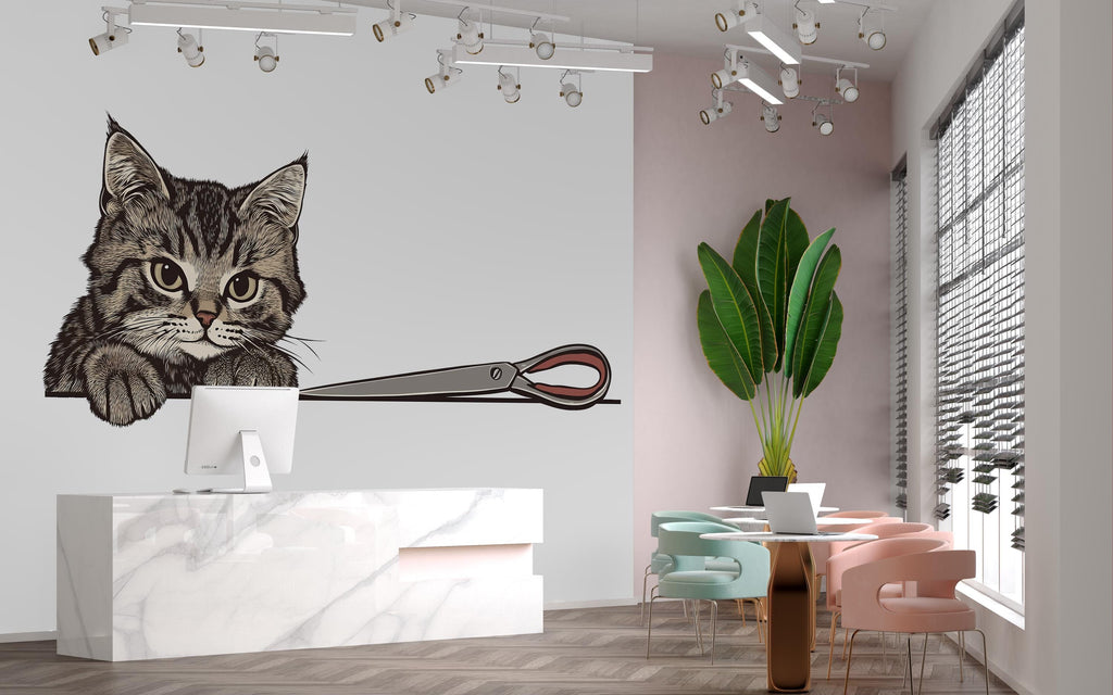Cute Cat Wall Decal Large Kitten Wall Sticker Pet Grooming Salon Kids Room Removable Animal Mural, 070gm