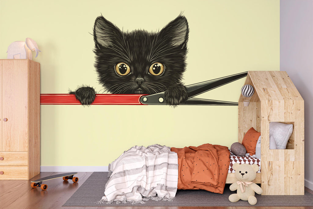Black Kitten Wall Decal Cute Cat Wall Sticker Kids Room Animal Nursery Decor Removable Pet Mural, 071gm