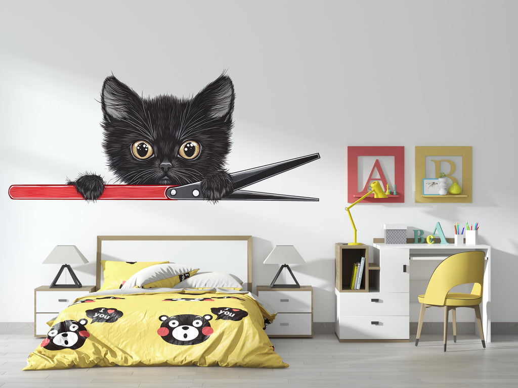 Black Kitten Wall Decal Cute Cat Wall Sticker Kids Room Animal Nursery Decor Removable Pet Mural, 071gm
