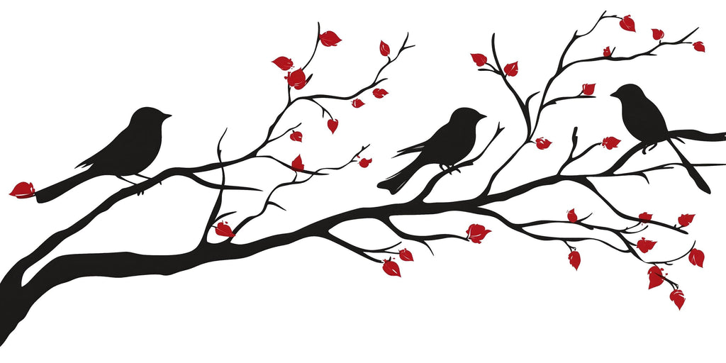 Birds on Branch Wall Decal Tree Wall Sticker Black Silhouette Wall Art Removable Nature Mural Home Office Decor, 076gm