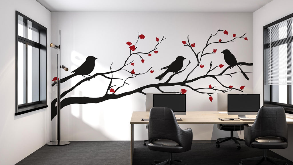 Birds on Branch Wall Decal Tree Wall Sticker Black Silhouette Wall Art Removable Nature Mural Home Office Decor, 076gm