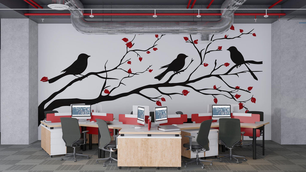 Birds on Branch Wall Decal Tree Wall Sticker Black Silhouette Wall Art Removable Nature Mural Home Office Decor, 076gm