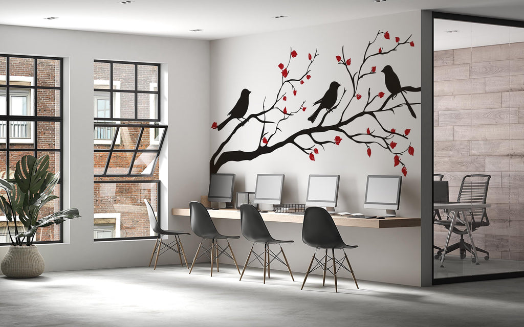Birds on Branch Wall Decal Tree Wall Sticker Black Silhouette Wall Art Removable Nature Mural Home Office Decor, 076gm