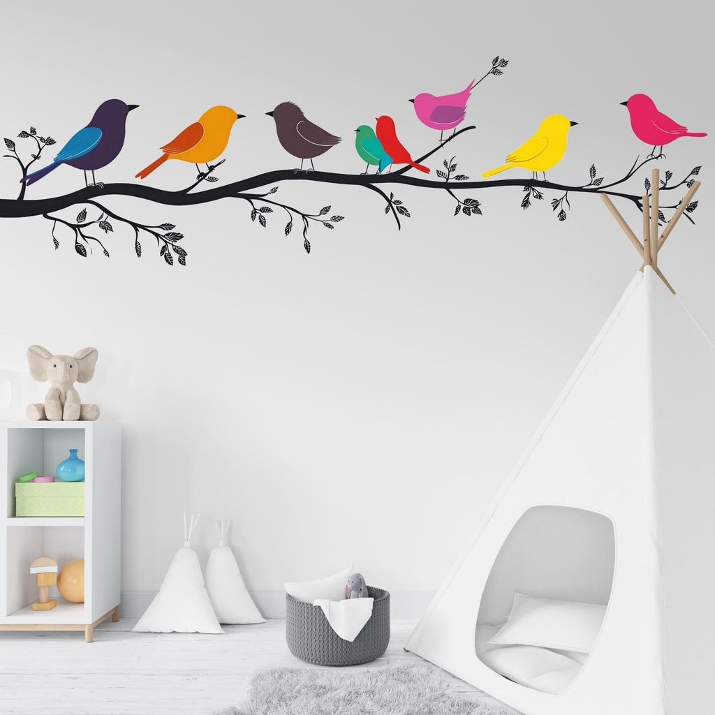 Colorful Birds on Branch Wall Decal Nursery Wall Sticker Tree Branch Animal Removable Mural Kids Room Decor, 077gm