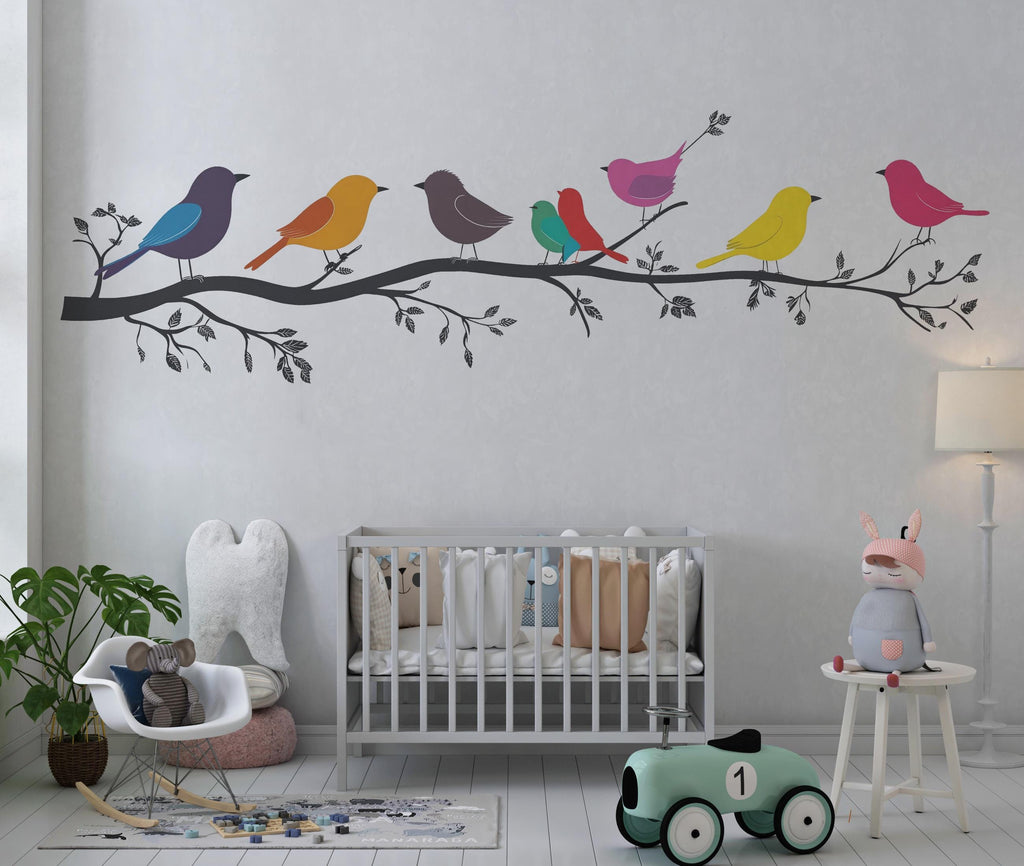 Colorful Birds on Branch Wall Decal Nursery Wall Sticker Tree Branch Animal Removable Mural Kids Room Decor, 077gm