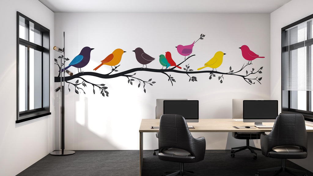 Colorful Birds on Branch Wall Decal Nursery Wall Sticker Tree Branch Animal Removable Mural Kids Room Decor, 077gm
