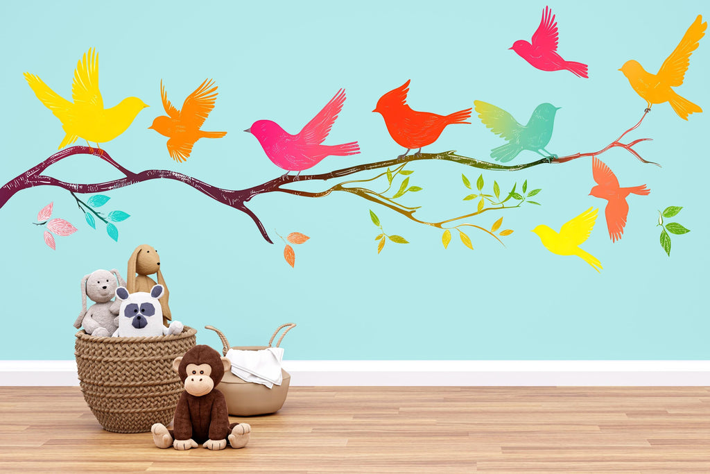 Flying Birds Wall Decal Colorful Nursery Wall Sticker Tree Branch Removable Animal Mural Kids Room Decor, 078gm