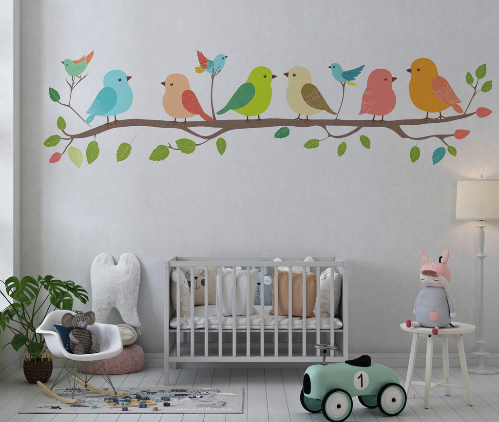 Colorful Birds on Branch Wall Decal Nursery Wall Sticker Kids Room Animal Wall Art Removable Mural Decor, 079gm