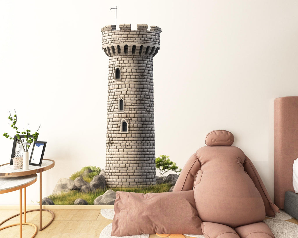 Castle Tower Wall Decal Medieval Stone Tower Wall Sticker Fantasy Nursery Removable Wall Mural Kids Room Decor, 080gm