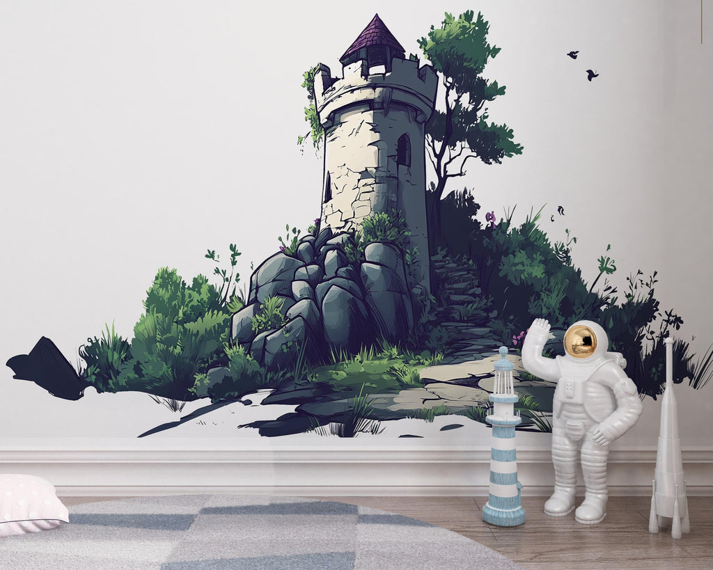 Fantasy Castle Tower Wall Decal Fairytale Nursery Wall Sticker Medieval Mural Removable Kids Room Decor, 081gm
