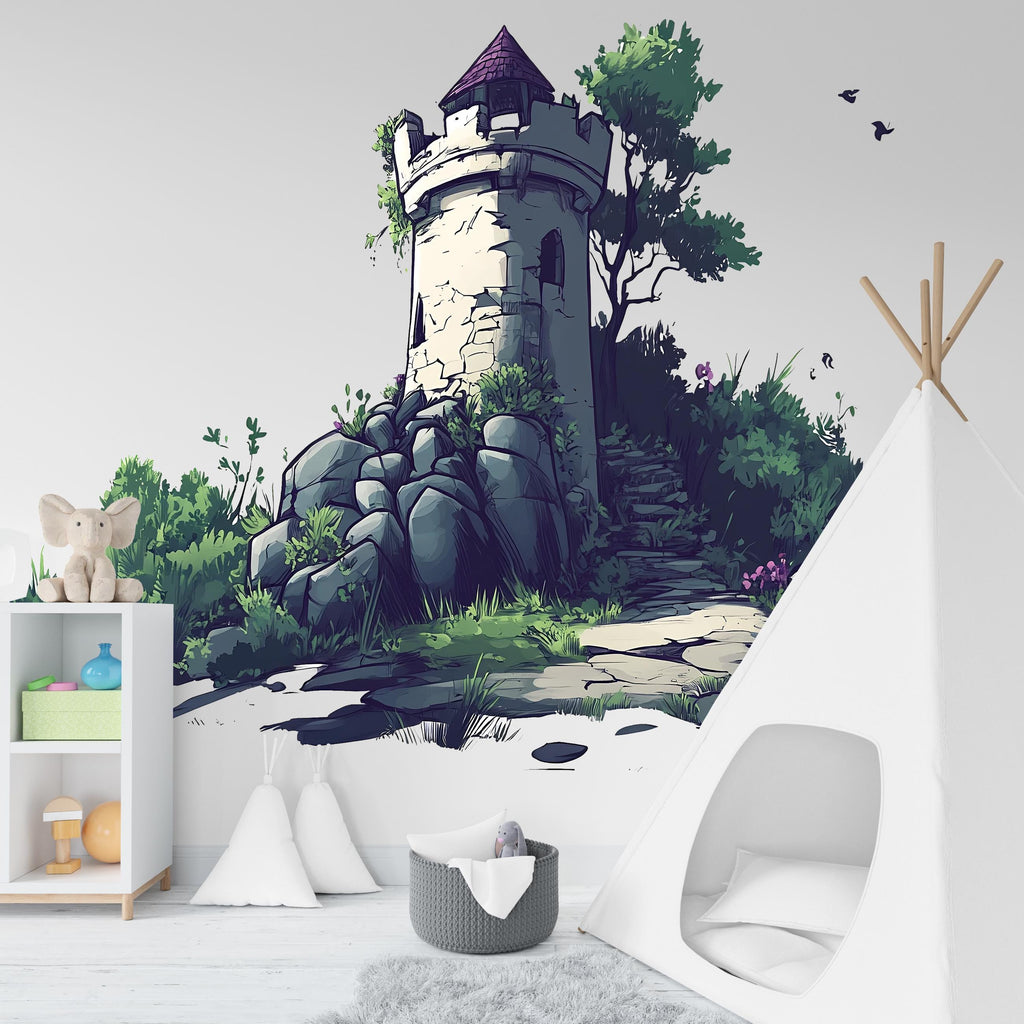 Fantasy Castle Tower Wall Decal Fairytale Nursery Wall Sticker Medieval Mural Removable Kids Room Decor, 081gm