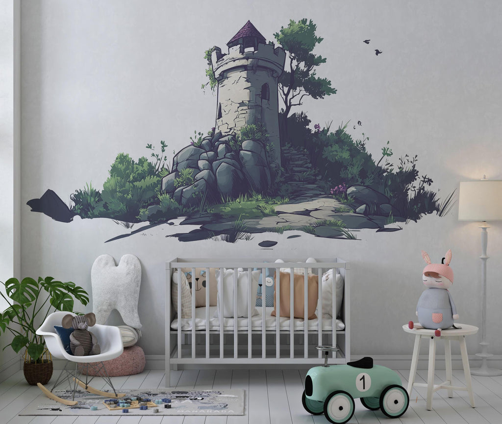 Fantasy Castle Tower Wall Decal Fairytale Nursery Wall Sticker Medieval Mural Removable Kids Room Decor, 081gm