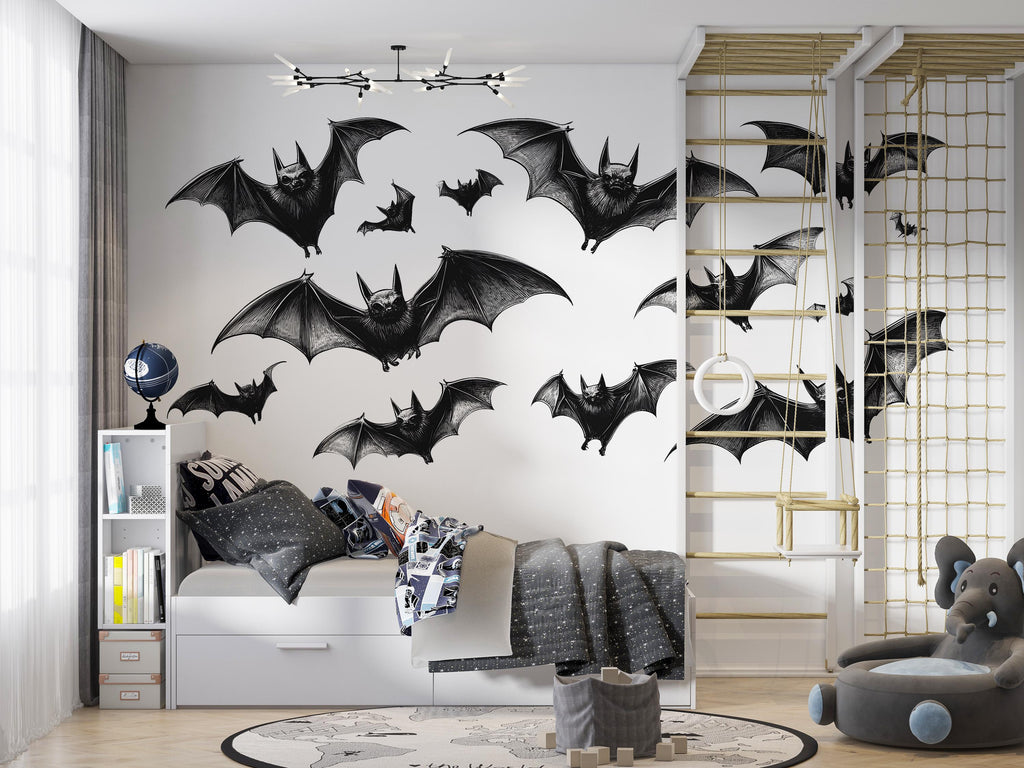 Flying Bats Wall Decal Gothic Halloween Wall Sticker Removable Bat Mural Dark Aesthetic Room Decor, 082gm
