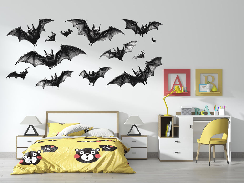 Flying Bats Wall Decal Gothic Halloween Wall Sticker Removable Bat Mural Dark Aesthetic Room Decor, 082gm