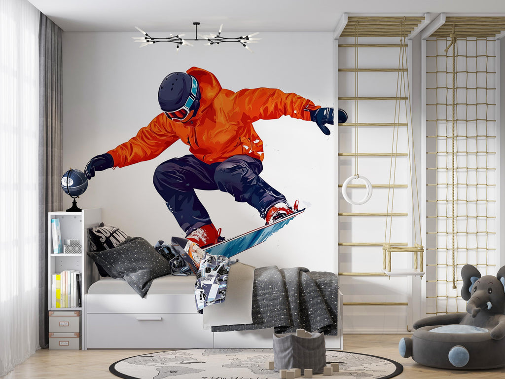 Snowboarder Wall Decal Boys Room Sports Wall Sticker Extreme Winter Mural Removable Teen Bedroom Decor, 085gm