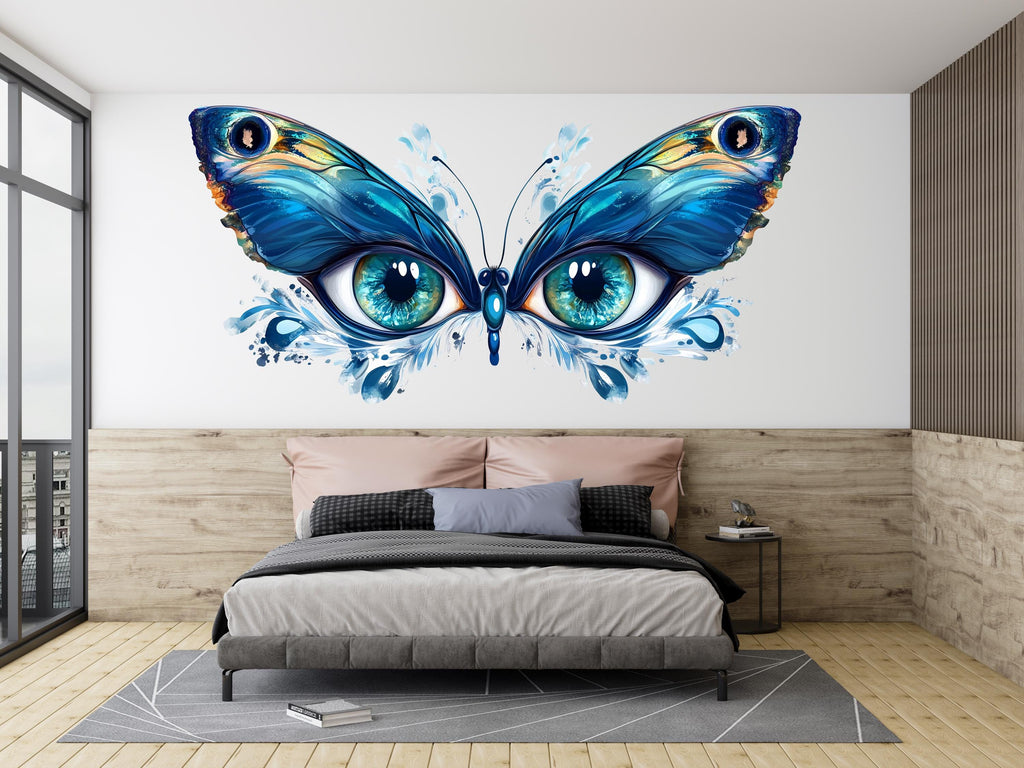 Blue Butterfly Eyes Wall Decal Abstract Wall Sticker Large Bedroom Mural Removable Modern Wall Art, 093gm