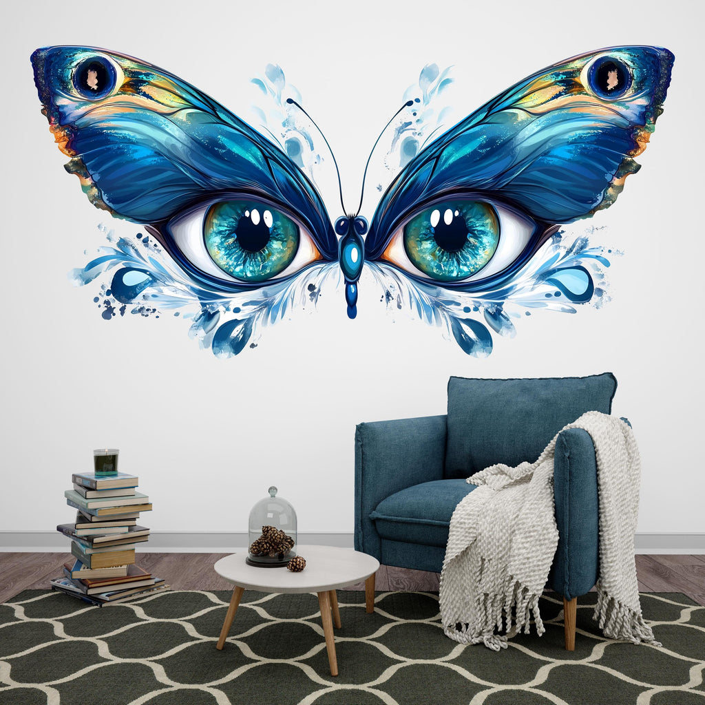 Blue Butterfly Eyes Wall Decal Abstract Wall Sticker Large Bedroom Mural Removable Modern Wall Art, 093gm