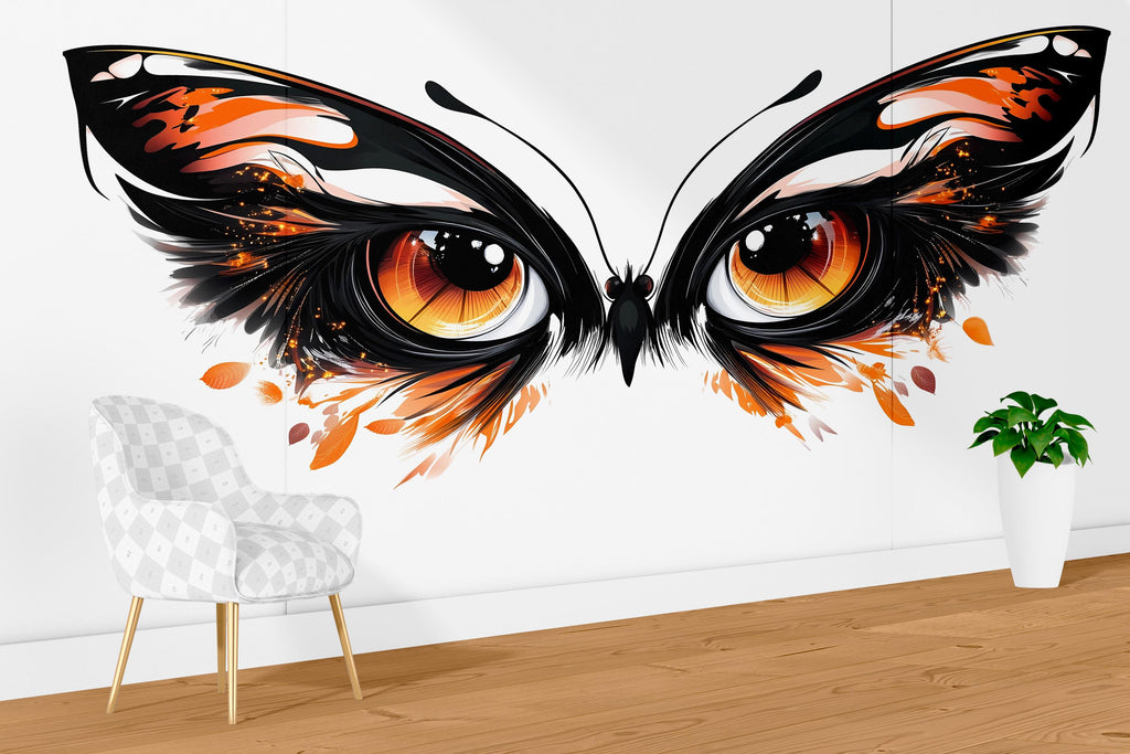 Orange Butterfly Eyes Wall Decal Abstract Gothic Wall Sticker Modern Living Room Removable Mural, 094gm
