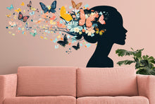 Load image into Gallery viewer, Butterfly Woman Wall Decal Floral Silhouette Wall Sticker Colorful Butterfly Mural Living Room Decor, 095gm