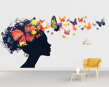 Load image into Gallery viewer, Butterfly Girl Wall Decal Floral Woman Silhouette Wall Sticker Colorful Butterfly Mural Living Room Decor, 096gm