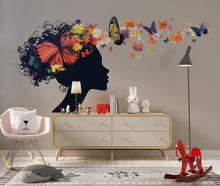 Load image into Gallery viewer, Butterfly Girl Wall Decal Floral Woman Silhouette Wall Sticker Colorful Butterfly Mural Living Room Decor, 096gm