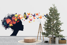 Load image into Gallery viewer, Butterfly Girl Wall Decal Floral Woman Silhouette Wall Sticker Colorful Butterfly Mural Living Room Decor, 096gm