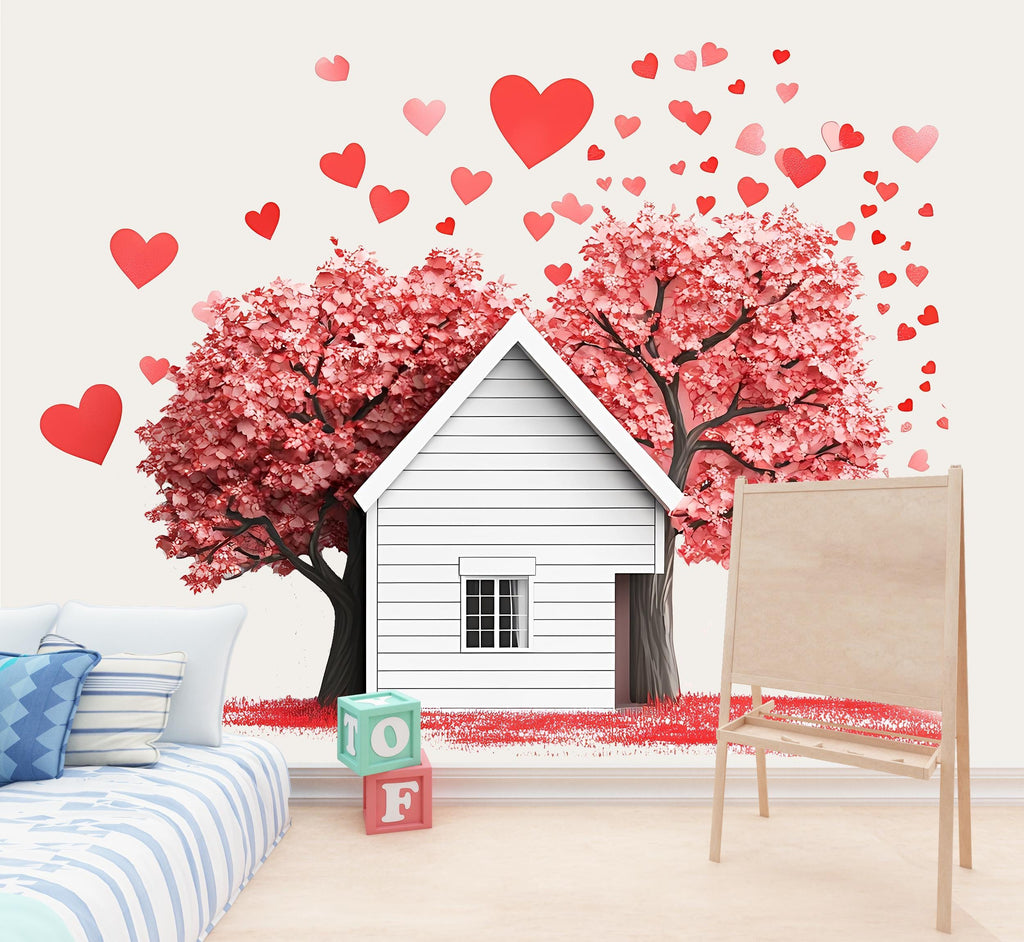 Love House Wall Decal Heart Tree Wall Sticker Romantic Home Wall Art Valentine Nursery Decor, 097gm
