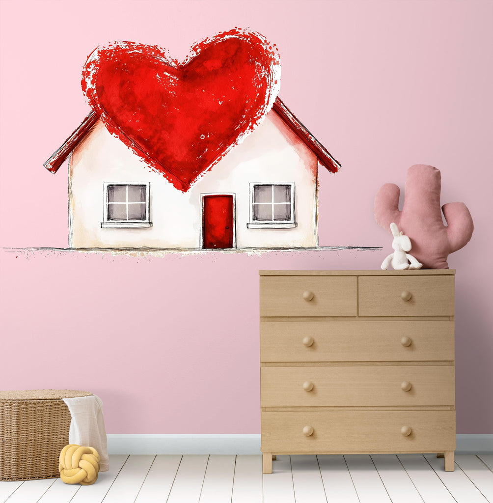 Heart House Wall Decal Romantic Home Wall Sticker Love House Mural Valentine Bedroom Decor, 098gm