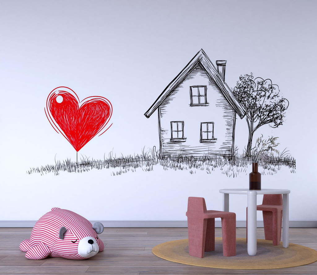 Love Home Wall Decal Red Heart House Wall Sticker Romantic Minimalist Wall Art Bedroom Decor, 099gm