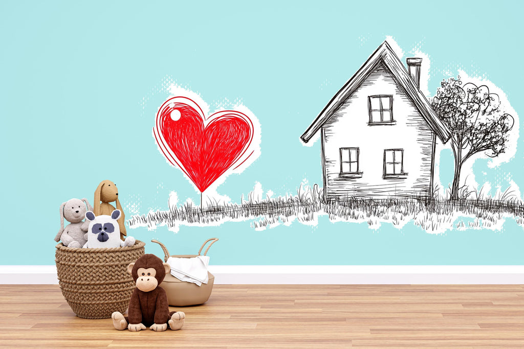 Love Home Wall Decal Red Heart House Wall Sticker Romantic Minimalist Wall Art Bedroom Decor, 099gm