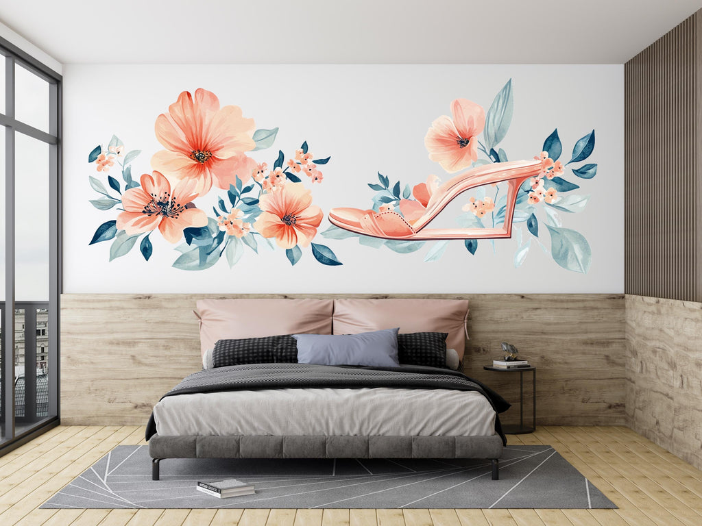 Floral High Heel Wall Decal Fashion Wall Sticker Pink Flower Shoe Mural Girl Room Decor, 100gm