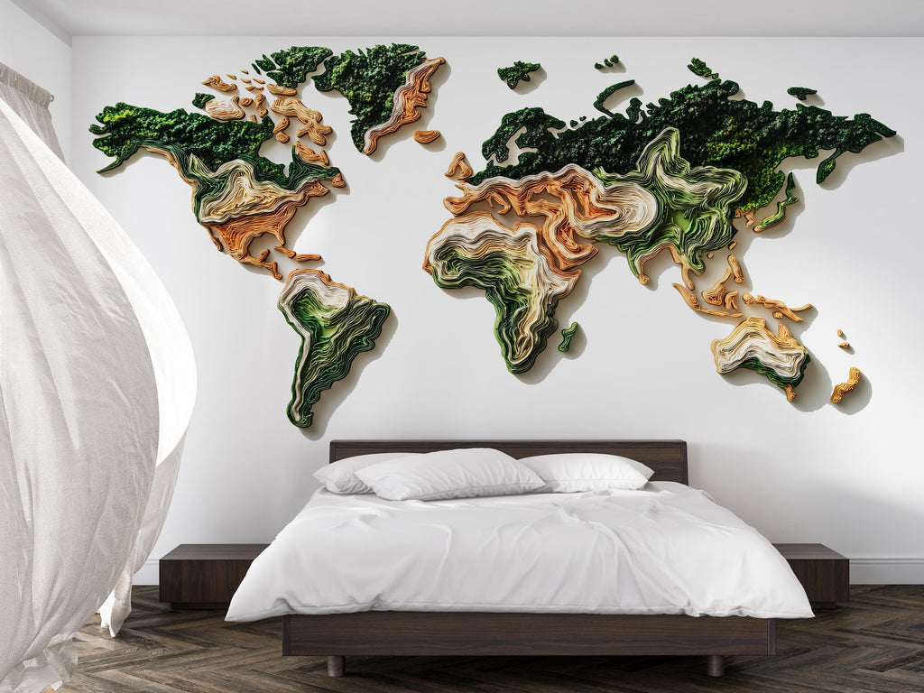 Topographic World Map Wall Mural, 3D Map Wallpaper, Layered World Map Wall Art, Travel Wall Decor, Modern Adventure Bedroom Decor 477mv