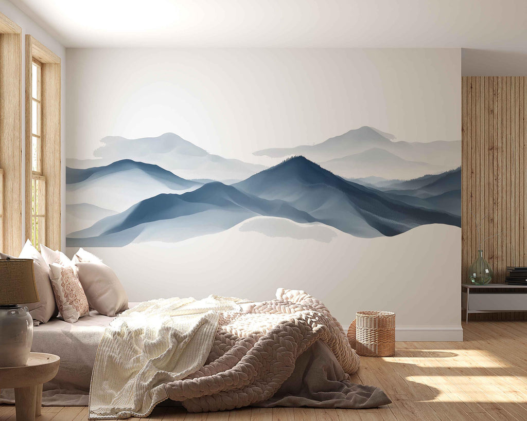Mountain Wall Mural, Minimalist Landscape Wallpaper, Blue Mountain Wall Art, Scandinavian Nature Bedroom Decor, Mountain Mural 486mv
