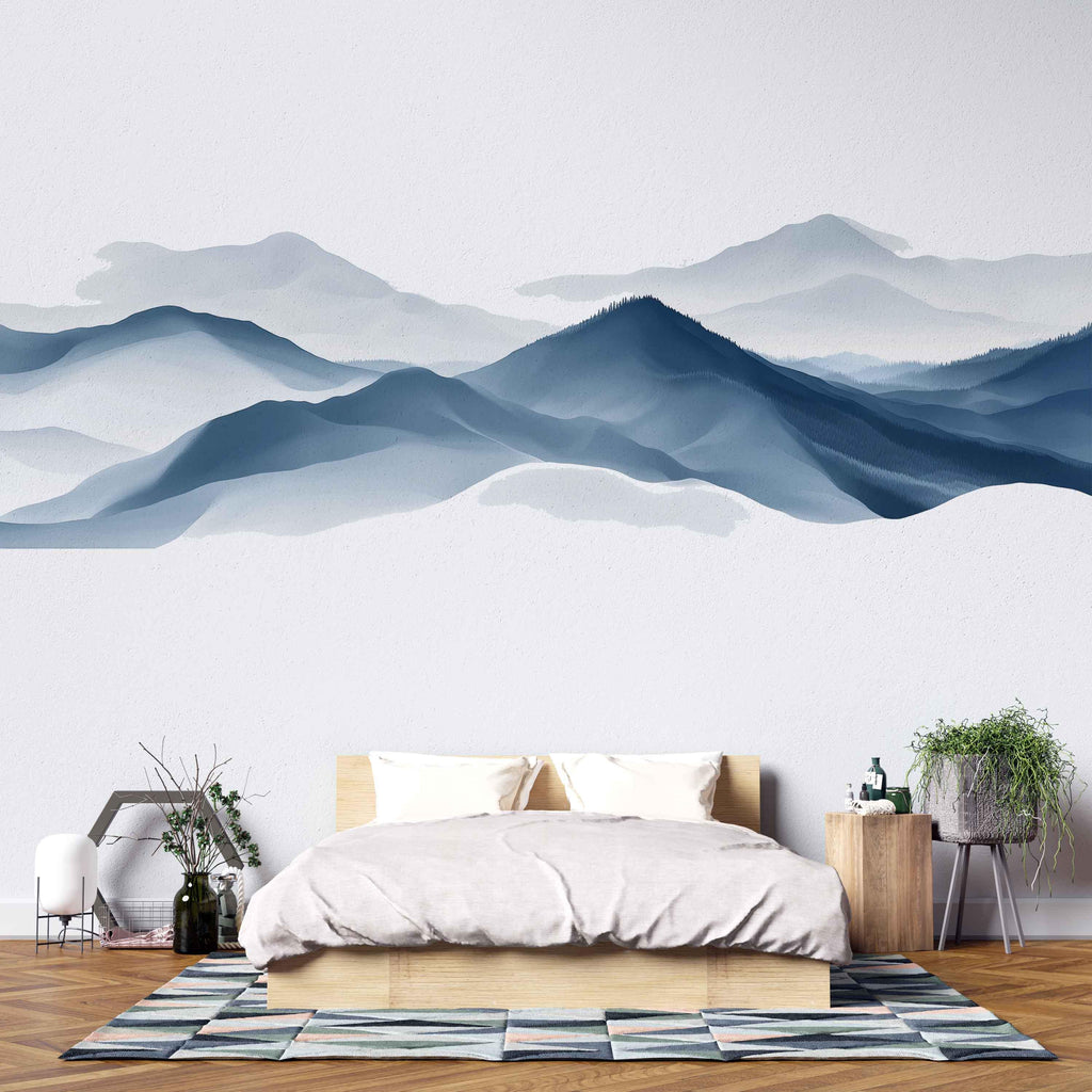Mountain Wall Mural, Minimalist Landscape Wallpaper, Blue Mountain Wall Art, Scandinavian Nature Bedroom Decor, Mountain Mural 486mv