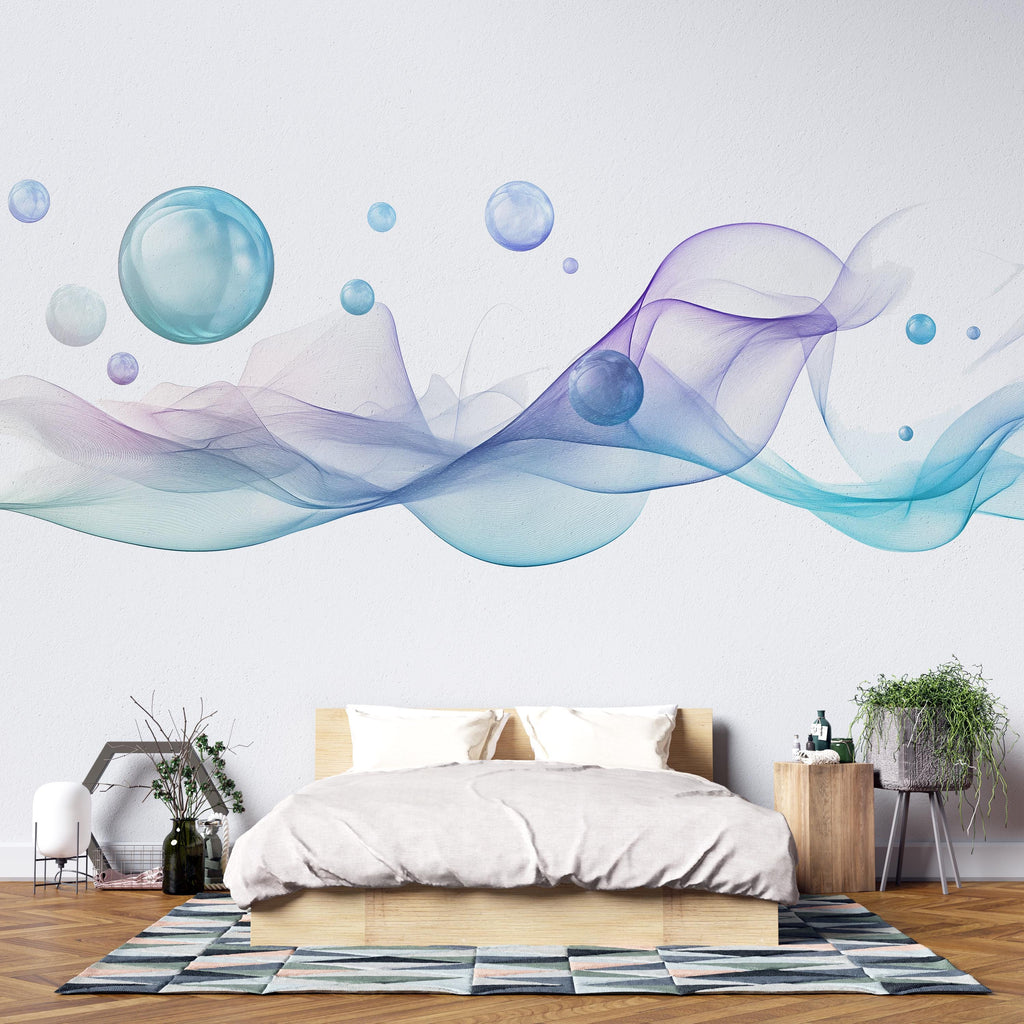 Abstract Wave Wall Mural, Pastel Fluid Wall Art, Modern Abstract Wallpaper, Blue Purple Wall Decor, Bedroom Peel and Stick Wall Mural 492mv