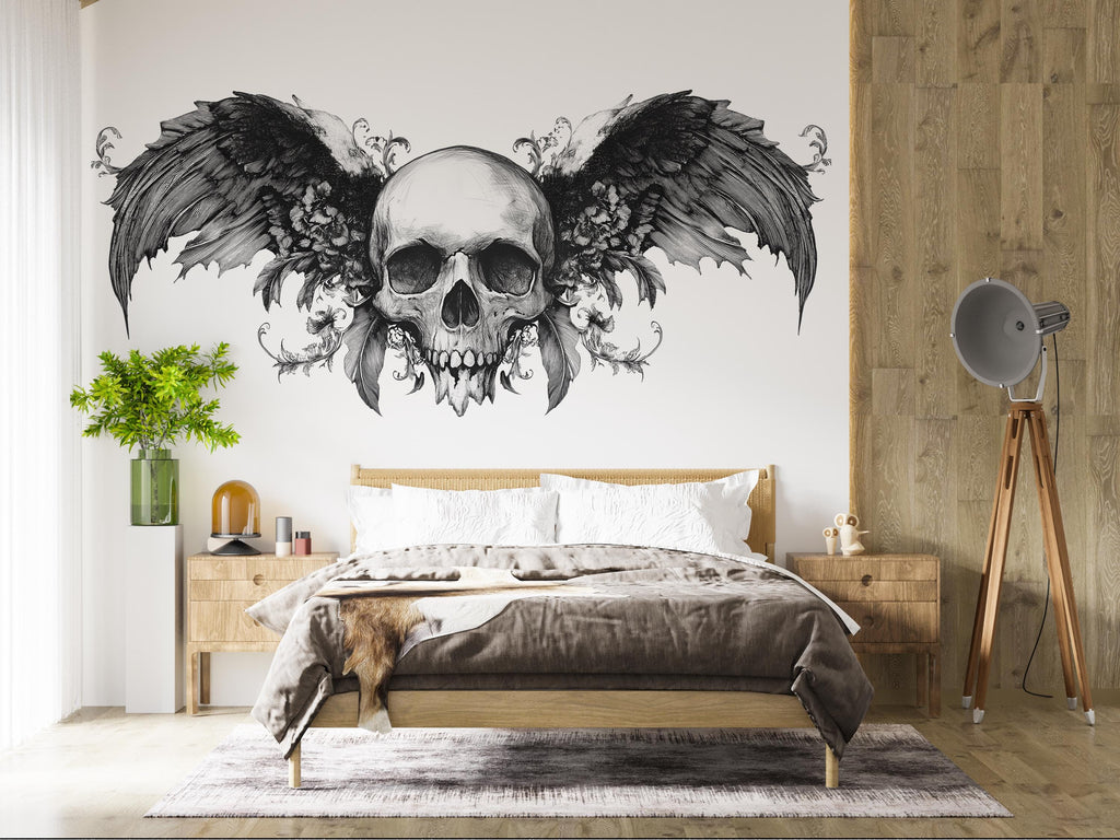 Winged Skull Wall Decal, Gothic Wall Art Sticker, Skull Wall Decor, Dark Aesthetic Bedroom Decor, Wall Decal, Skeleton Wall Sticker, 002gm