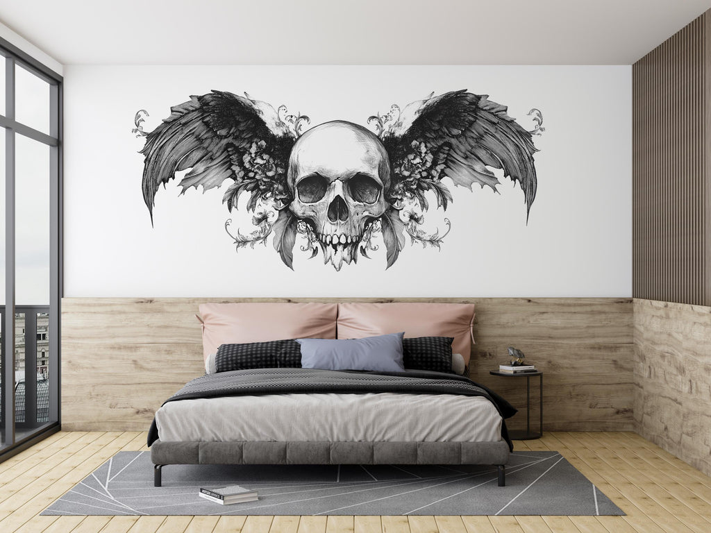 Winged Skull Wall Decal, Gothic Wall Art Sticker, Skull Wall Decor, Dark Aesthetic Bedroom Decor, Wall Decal, Skeleton Wall Sticker, 002gm