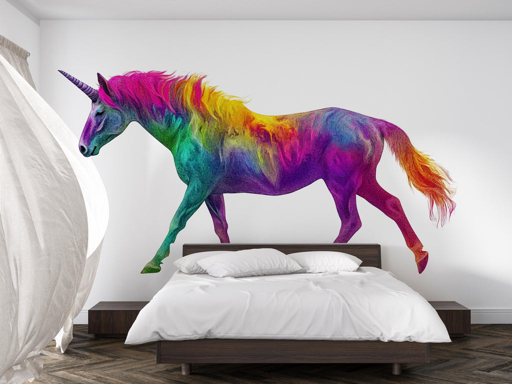 Unicorn Wall Decal Rainbow, Colorful Unicorn Wall Sticker, Fantasy Wall Art, Kids Room Wall Decor, Unicorn Bedroom Decor, Wall Decal 009gm