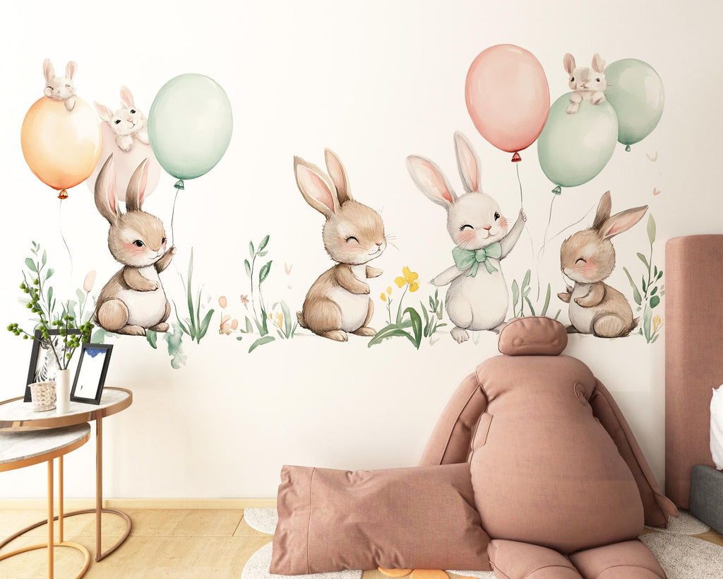Bunny Wall Decal Nursery, Cute Rabbit Wall Sticker, Woodland Nursery Wall Art, Baby Room Wall Decor, Kids Room Animal Wall Decal, 010gm
